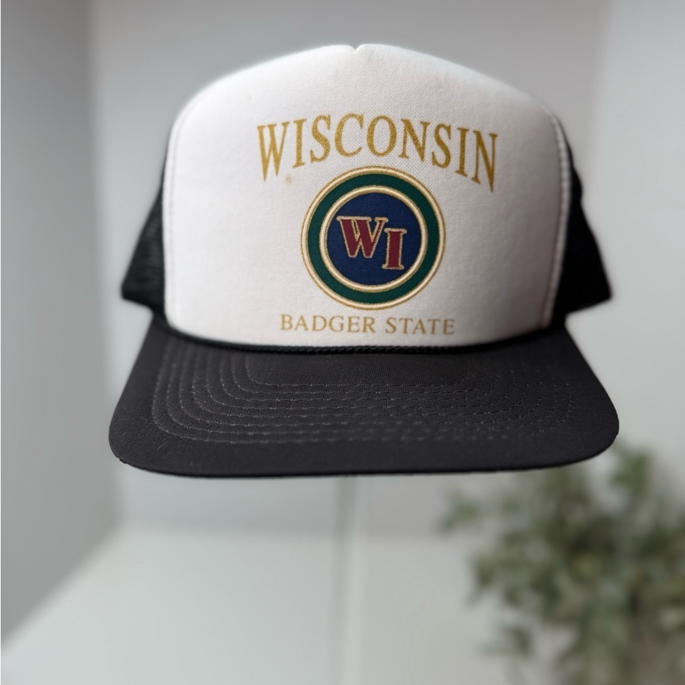 Vintage Wisconsin Badger State Foam Black & White Trucker Hat Snapback Retro WI - Picture 1 of 16